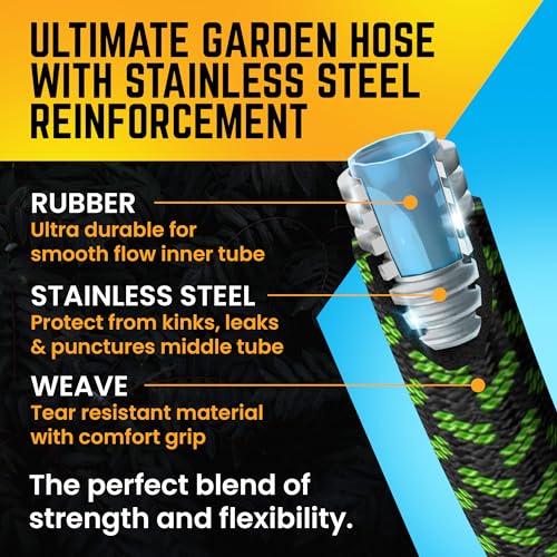 PowerFlow Metal Garden Hose, 100 Ft Non-Expandable Water Hose, Green - color: Green, size: 100 Feet