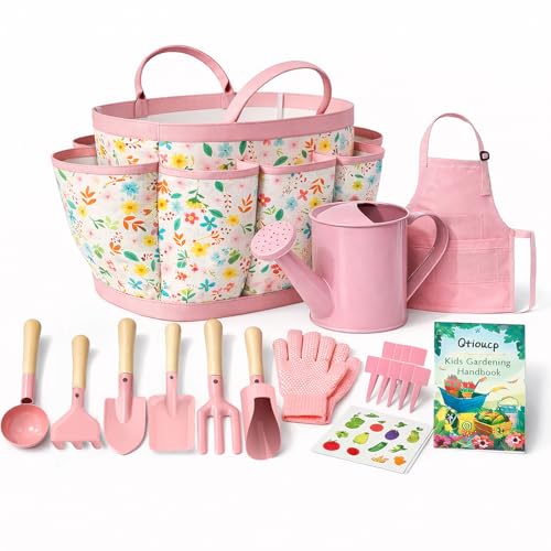 Qtioucp Kids Gardening Set 14Pcs Garden Tools with Tote Bag,Watering Can, Shovel, Apron, Garden Book and More Educational STEM Learning Outdoor for Toddlers Boys Girls (Floral) - color: Pink