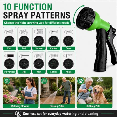 100FT Non-Expandable Flat Garden Hose with 10 Function Nozzle,No-Kink,Black - color: Black, size: 100FT