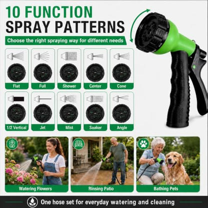 100FT Non-Expandable Flat Garden Hose with 10 Function Nozzle,No-Kink,Black - color: Black, size: 100FT