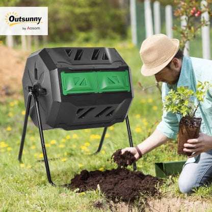 Outsunny Tumbling Compost Bin 360° Dual Chamber 43 Gallon, Green - color: Green