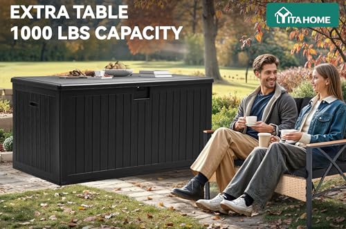 YITAHOME 260 Gallon Large Deck Box with Divider & Side Handles - color: Black, size: 260 Gallon