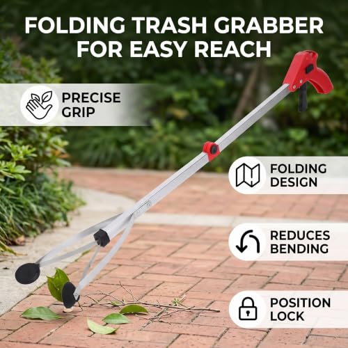31.5in Reacher Grabber Tool, Lightweight Folding Claw - color: Red Handle