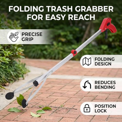 31.5in Reacher Grabber Tool, Lightweight Folding Claw - color: Red Handle