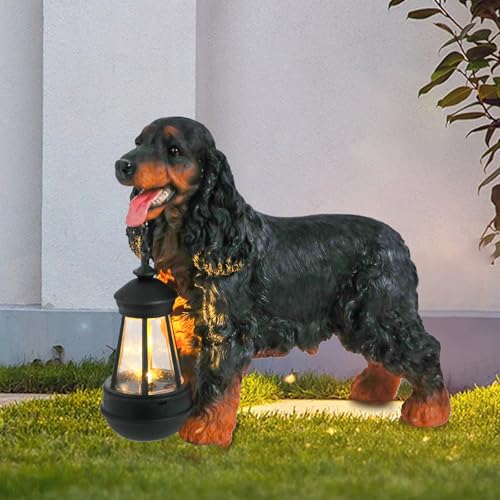 Solar Cocker Spaniel Dog Statue with Lantern, Outdoor Garden Figurine Light - style: BK American Cocker Spaniel