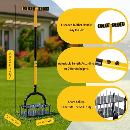 Lawn Aerator Tool with 16 Steel Spikes, Grass Aerator Lawn Tools with Spring-Loaded Design & Adjustable T-Handle, Pre-Assembled Hand Aerator Lawn Tool for Lawn, Courtyard and Garden - size: M -16 Spikes