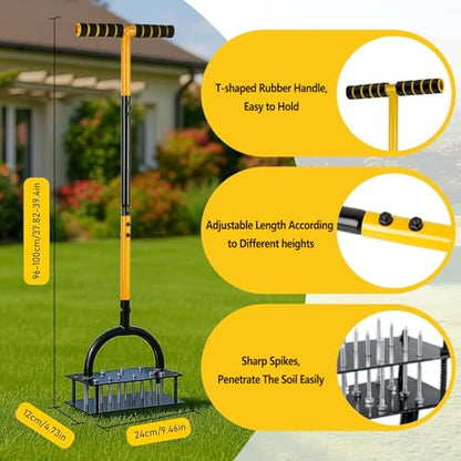 Lawn Aerator Tool with 16 Steel Spikes, Grass Aerator Lawn Tools with Spring-Loaded Design & Adjustable T-Handle, Pre-Assembled Hand Aerator Lawn Tool for Lawn, Courtyard and Garden - size: M -16 Spikes