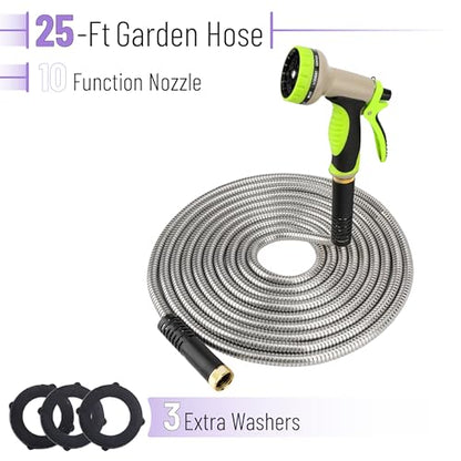 UNCO- Metal Garden Hose, 25 ft, Stainless Steel, Heavy Duty Flexible Hose with 10-Function Spray Nozzle & 3 Extra Washers, No-Kink, Lightweight, Puncture Proof for Outdoor Yard, Lawn, Plants, Car Wash