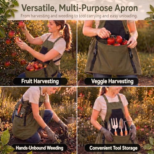 Gardening Apron with Pockets, Heavy Duty Canvas Harvest Apron - color: Green