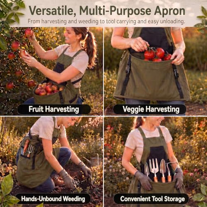 Gardening Apron with Pockets, Heavy Duty Canvas Harvest Apron - color: Green