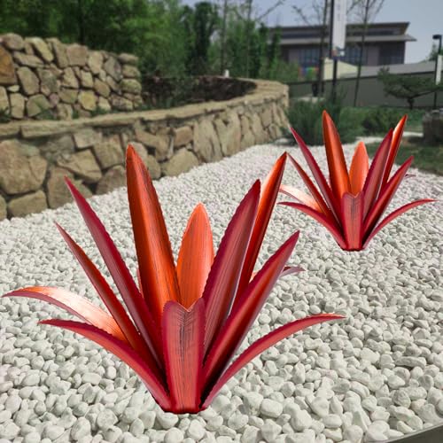 Large Tequila Rustic Sculpture, Rustic Metal Agave Plants for Outdoor Patio Yard Mexican Plant Garden， Agave Outdoor Lawn Ornaments Yard Stakes (Red 2pc) - color: 12 Leaves Red 2 Pcs
