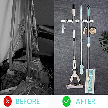 Broom Mop Holder Wall Mount Tool Hanger Organizer (4 Racks 5 Hooks)