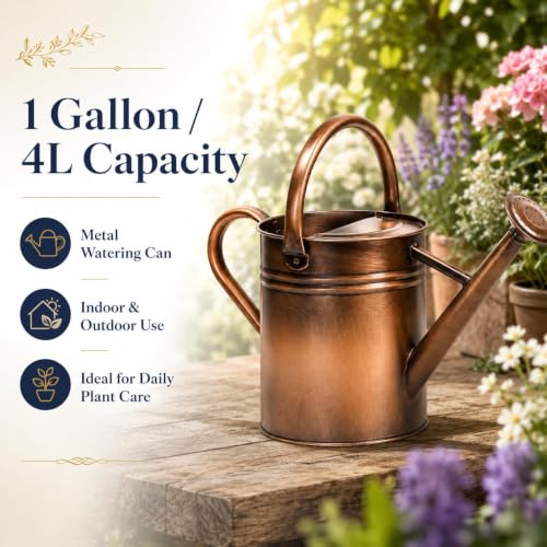 1 Gallon Metal Watering Can for Indoor Outdoor Plants, Retro Coppery - color: Retro Coppery