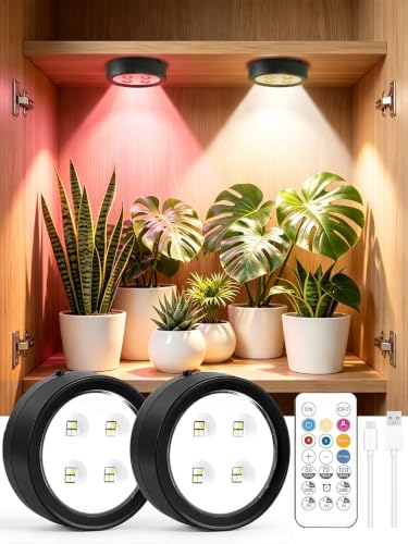 2 Pack Rechargeable Grow Light, Cordless Full Spectrum LED for Indoor Plants, Magnetic Mount, Timer & Remote, USB-C 2000mAh for Shelf, Herbs, Succulents, Seedlings & Greenhouse (Black)