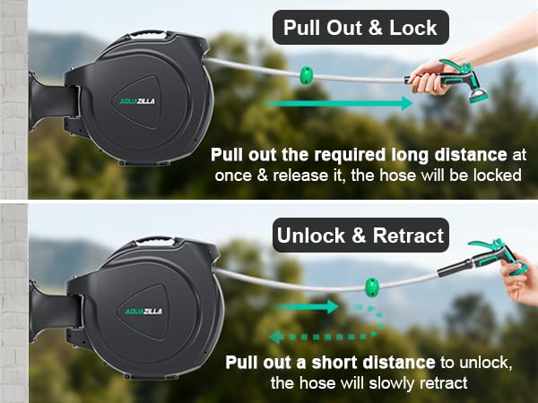 Retractable Garden Hose Reel, 100Ft x 1/2" Durable Wall Mounted Water Hose Reel with 180¡ãSwivel Bracket, 9 Pattern Sprayer, 6Ft leader hose,Smooth Automatic Rewind, Any Length Lock. - size: 100Ft x 1/2"