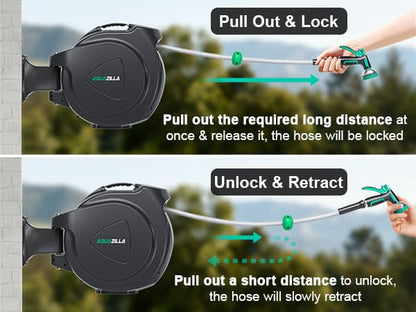 Retractable Garden Hose Reel, 100Ft x 1/2" Durable Wall Mounted Water Hose Reel with 180¡ãSwivel Bracket, 9 Pattern Sprayer, 6Ft leader hose,Smooth Automatic Rewind, Any Length Lock. - size: 100Ft x 1/2"