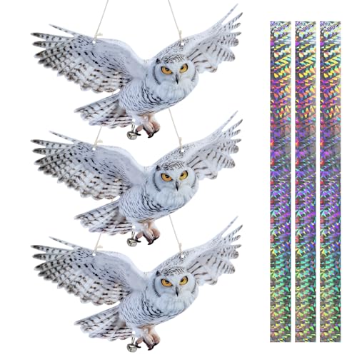 Hanging Owl Device for Outdoor Garden, 3 PCS Flat Reflective Owl with Tape and Bell to Keep Woodpecker Pigeon Away from Patio Yard Balcony Window, Weatherproof Animal Scare Decor - color: 3pcs-white-02