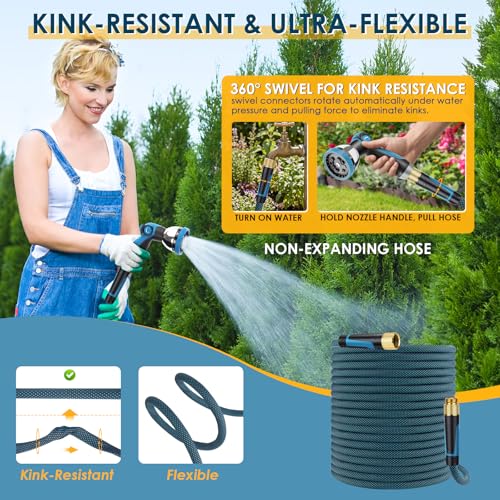 Non-Expandable Garden Hose 100 FT, Lightweight Hose with 10 Function Spray Nozzle, Kink-Free Flexible Water Hose, Durable, Leak-Proof, 360° Swivel Connectors, Portable Storage Strap