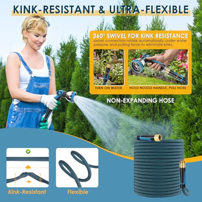 Non-Expandable Garden Hose 100 FT, Lightweight Hose with 10 Function Spray Nozzle, Kink-Free Flexible Water Hose, Durable, Leak-Proof, 360° Swivel Connectors, Portable Storage Strap