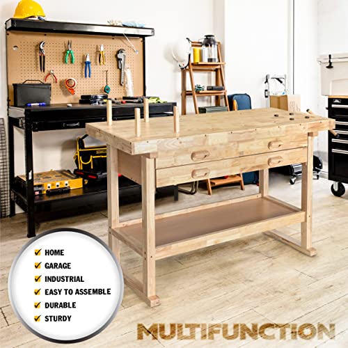 Olympia Tools 64.5" Rubber Hardwood Workbench w/ 4 Drawers & Clamp - size: 60 Inch Workbench