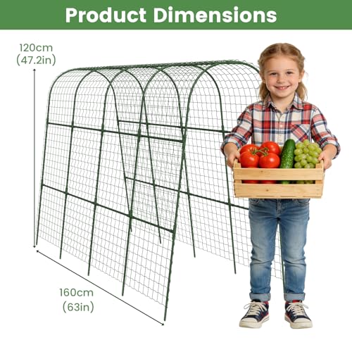 Cucumber Trellis, Metal Garden Arch Trellis for Raised Bed, 63 x 48inch U-Shape Garden Trellis for Climbing Plants Outdoor, Vegetables Fruit Plant Support with Netting, Gardening Supplies (Green) - size: 63 x 48 inch
