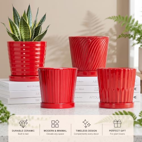 6 Inch Flower Pots for Plants, Ceramic Planter with Drainage and Saucer - color: Red
