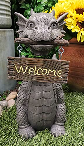 Ebros Gift Bienvenidos Welcome Sign Dragon Garden Greeter Bobblehead Statue Faux Stone Resin Finish 13.25" H - color: Bienvenidos Welcome Sign Guest Greeter
