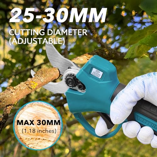 Electric Pruning Shears Cordless for Gardening - 1.2" Cutting Diameter Battery Powered Pruner with LCD Display & 2 Rechargeable Batteries, Brushless Power Pruner Heavy Duty for Tree Branch - style: Blue-30mm