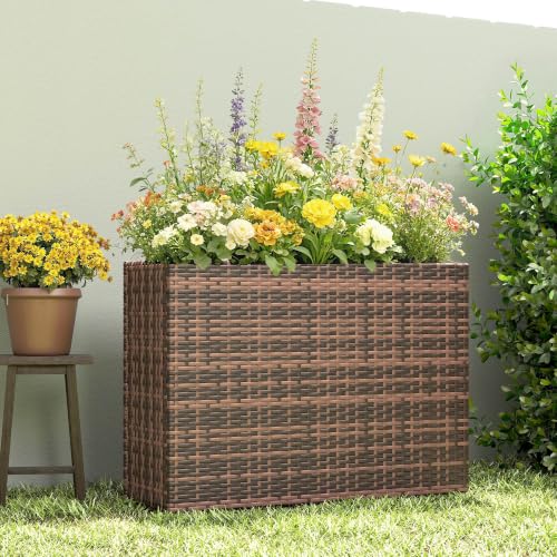 Outsunny Tall Rectangular Planter with Removable Liner PE Wicker Brown - color: Brown