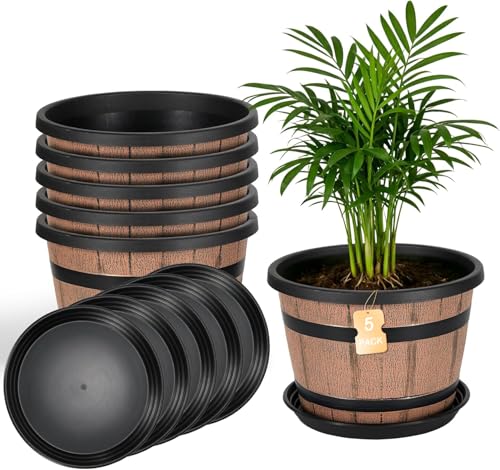 Whiskey Barrel Planters 12 Inch, 5 Pack Plastic Pots with Wood Design - size: 12inch