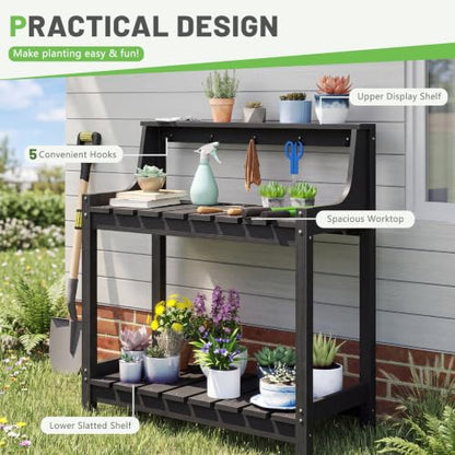 Outdoor HDPE Garden Potting Bench Weatherproof Potting Table Outside - color: Black