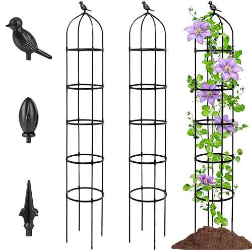 2-Pack 6.7FT Garden Obelisk Trellis for Climbing Plants,Adjustable 5-Tier Metal Plant Support,Rustproof Outdoor Plant Tower with 3 Decorative Tops for Roses,Tomatoes,Clematis & Vines,Black - size: 12.5"x81"-2 PCS