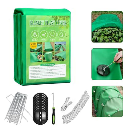 Plant Covers Freeze Protection kit，1.8 oz/yd²-10 ft x 33 ft Thickened Floating Row Cover for Outdoor Plants With 20 clips and 10 stakes staples& gasket & 1 Pick Hook, Winter Frost Protection(Green) - color: Green