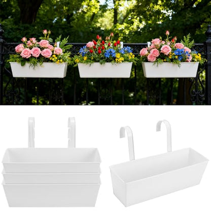 4 PCS Railing Flower Pots, 16 Inch Hanging Planter Box with Detachable Hooks, Balcony Hanging Planters for Deck, Fence, Garden Yard, Home Decor, White
