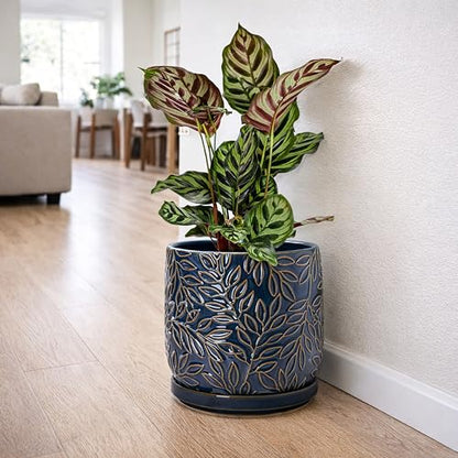 D'vine Dev Embossed Leaves Ceramic Planter, 8 in, Midnight Blue, 27-A-Q-3 - color: Midnight Blue, size: 8 Inch