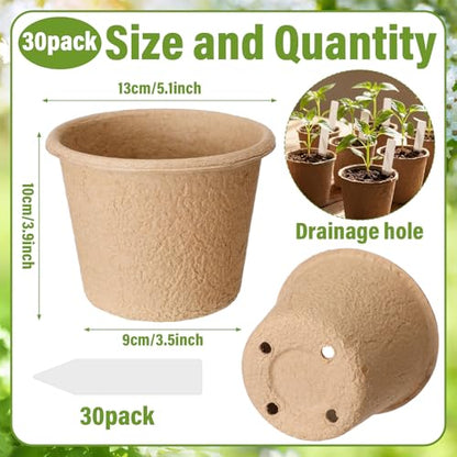 30 Pack 5" Biodegradable Peat Pots, Seed Starter with Drainage