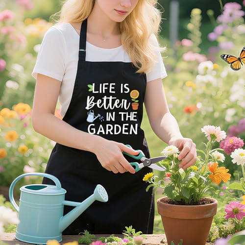 Gardening Apron for Women with Pockets, Adjustable Funny Garden Apron Gifts for Gardener Mom Wife Plant Lover - color: Black-life is Better in the Garden