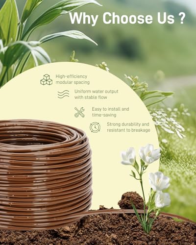 1/4" Drip Irrigation Tubing with 6" Emitter Spacing, (500 Ft Roll) Hydroponics Dripline with Built-in 0.5 GPH Dripper, Drip Line for Vegetation, Window Boxes and Garden (Brown) - size: 500FT