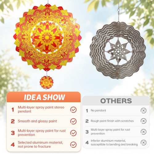 Mandala Wind Spinner 12 Inch, IDEA SHOW 3D Kinetic Metal Sun Wind Spinners for Yard and Garden, Stainless Steel Hanging Boho Outdoor Decor Art with Mini Pendant, Zen Gardening Gifts for Women - size: MandalaSunflower