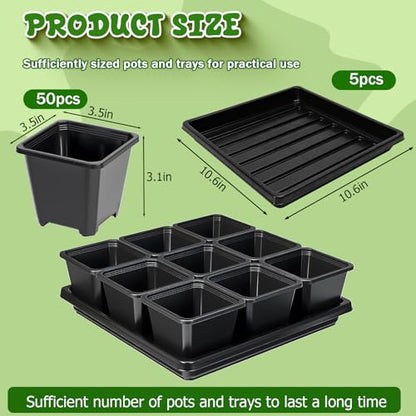 3.5in 50Pcs Black Square Nursery Pots with 5Pcs Plastic Seed Starting Trays - size: 3.5in-50pcs