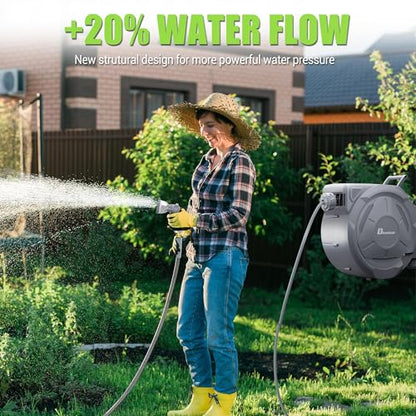 Retractable Garden Hose, 5/8" × 110 ft Wall Mounted Garden Hose Reel with 10-Pattern Hose Nozzle, Heavy Duty Water Hose Any Length Lock,Slow Return System,180°Swivel Bracket