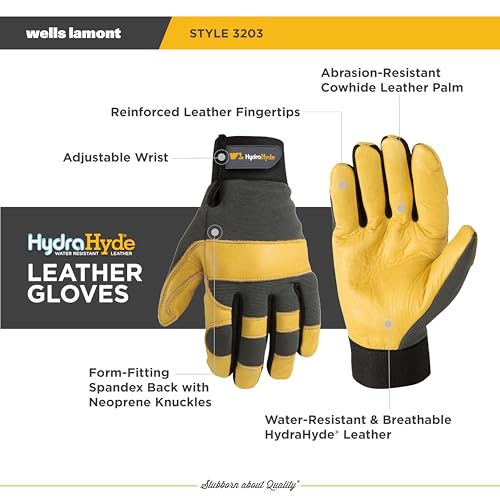 Wells Lamont Men's Leather Palm Work Gloves – HydraHyde Water-Resistant Leather, Flexible Spandex Back, Adjustable Closure - color: Gray, size: Medium