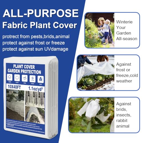 Plant Covers Freeze Protection, 10 * 40FT 1.1 oz/yd² Large Thick Frost Blankets for Outdoor Plants in Winter, Floating Row Cover for Vegetable Garden, Frost Cloth Plant Freeze Protection