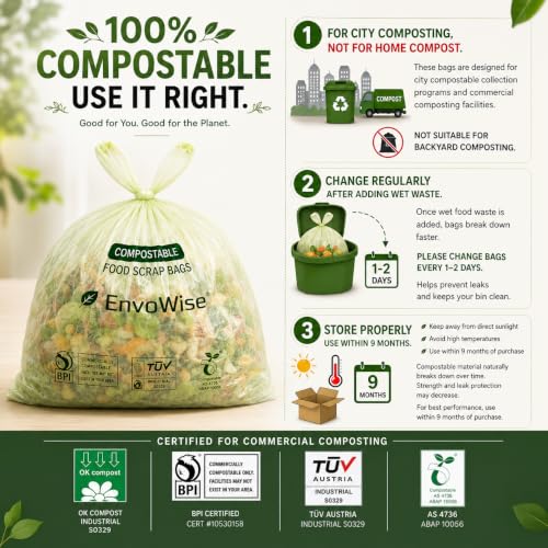 Compostable Trash Bags, 8 Gal (30L), 60 Ct, Extra Thick 0.87 Mil