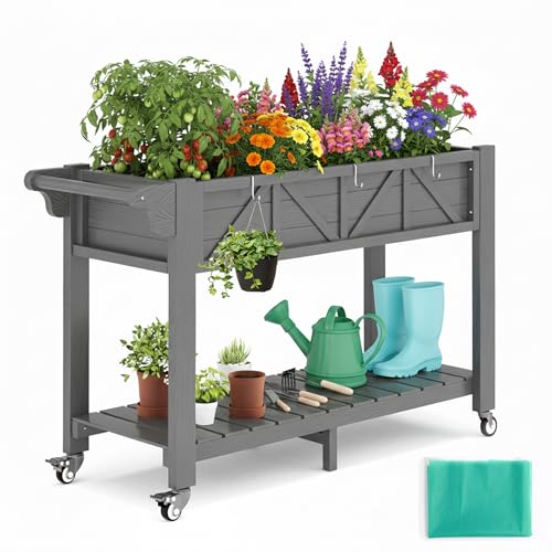HIPS All-Weather Raised Garden Bed with Legs,47.2"L x 17.3"W x 29.7"H - color: Gray, size: 47.2"L-With Wheels