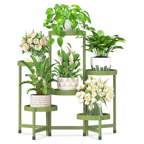 iDavosic.ly 6 Tier Folding Plant Stand Indoor Outdoor, Plastic Tray, Green - color: Avocado Green, size: 6 Tiers