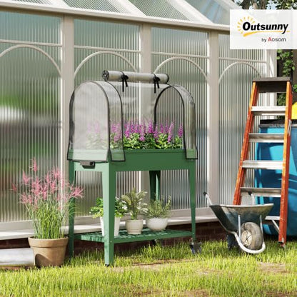 Outsunny Raised Garden Bed with Greenhouse Cover, Lockable Wheels, Green