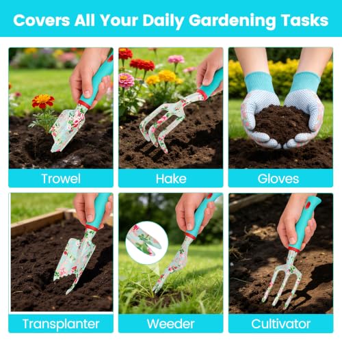 Garden Tools 10 Pack Floral Pattern Garden Tool Set with Tote Bag, Rust-Proof Aluminum Gardening Tools Set, Heavy Duty Gardening Kit Gardening Gifts for Women for Mom Birthday Housewarming Gift