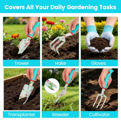 Garden Tools 10 Pack Floral Pattern Garden Tool Set with Tote Bag, Rust-Proof Aluminum Gardening Tools Set, Heavy Duty Gardening Kit Gardening Gifts for Women for Mom Birthday Housewarming Gift