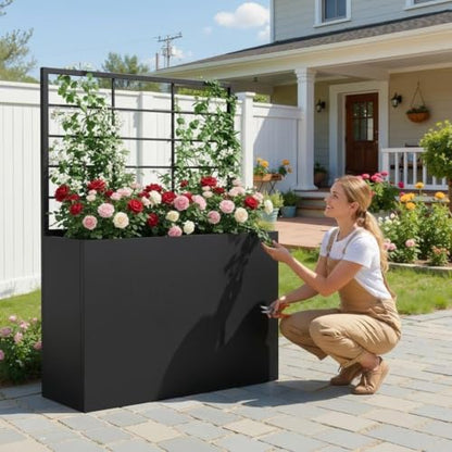 Metal Planter Box with Trellis, 35" Lx11.8 Wx47 H Metal Raised Garden Bed with Trellis and Drainage Holes, Outdoor Standing Flower Bed for Climbing Plants,Vegetables,and Vines - size: 1 PCS 35" Lx11.8" Wx47" H